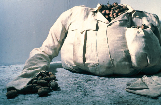 michael krynski sculpture "official" burlap, potato