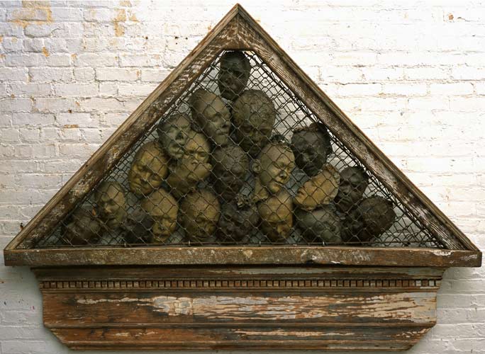 michael krynski sculpture "social security" wood, plastic, metal